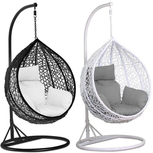 Rattan Shaped Hanging Swing Chair with Metal Stand for Balcony, Courtyard & Patio
