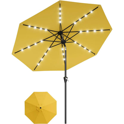 9FT Solar Patio Umbrella with 32 LED Lights - Outdoor Table Umbrella with Crank Lift, Push Button Tilt and 8 Sturdy Ribs