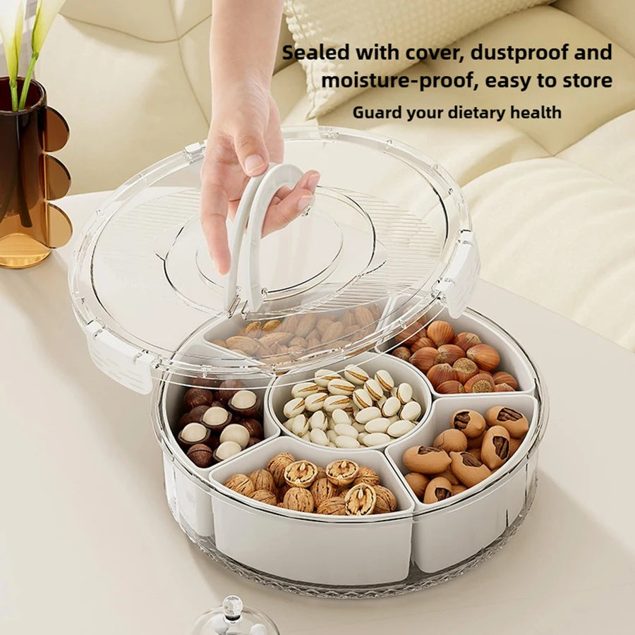 Rotation Divided Serving Tray with Lid and Handle Large Snack Box Container