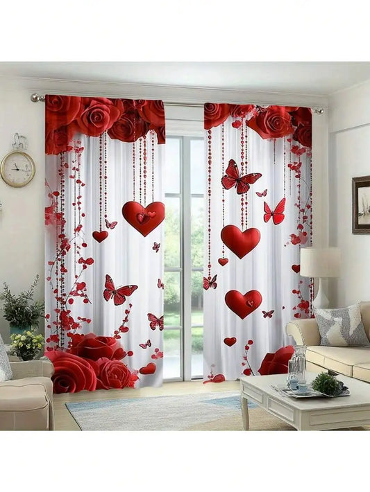 Set Of 2 Valentines Day Curtains with Red Roses Hearts and Butterflies