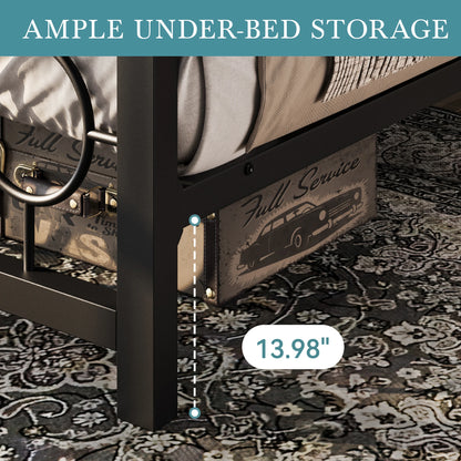 Metal Platform Bed Frame with Vintage Circular Design Headboard and Footboard,