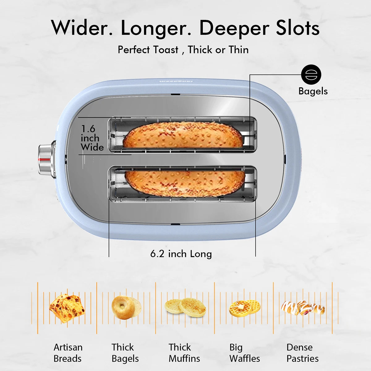 2 Slice Toaster with 1.5" Extra Wide Slots & Removable Crumb Tray, Auto Shut Off & Frozen Function, Blue