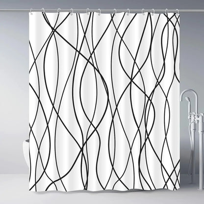 unframed Modern black and white striped corrugated fabric bathroom shower curtain.
