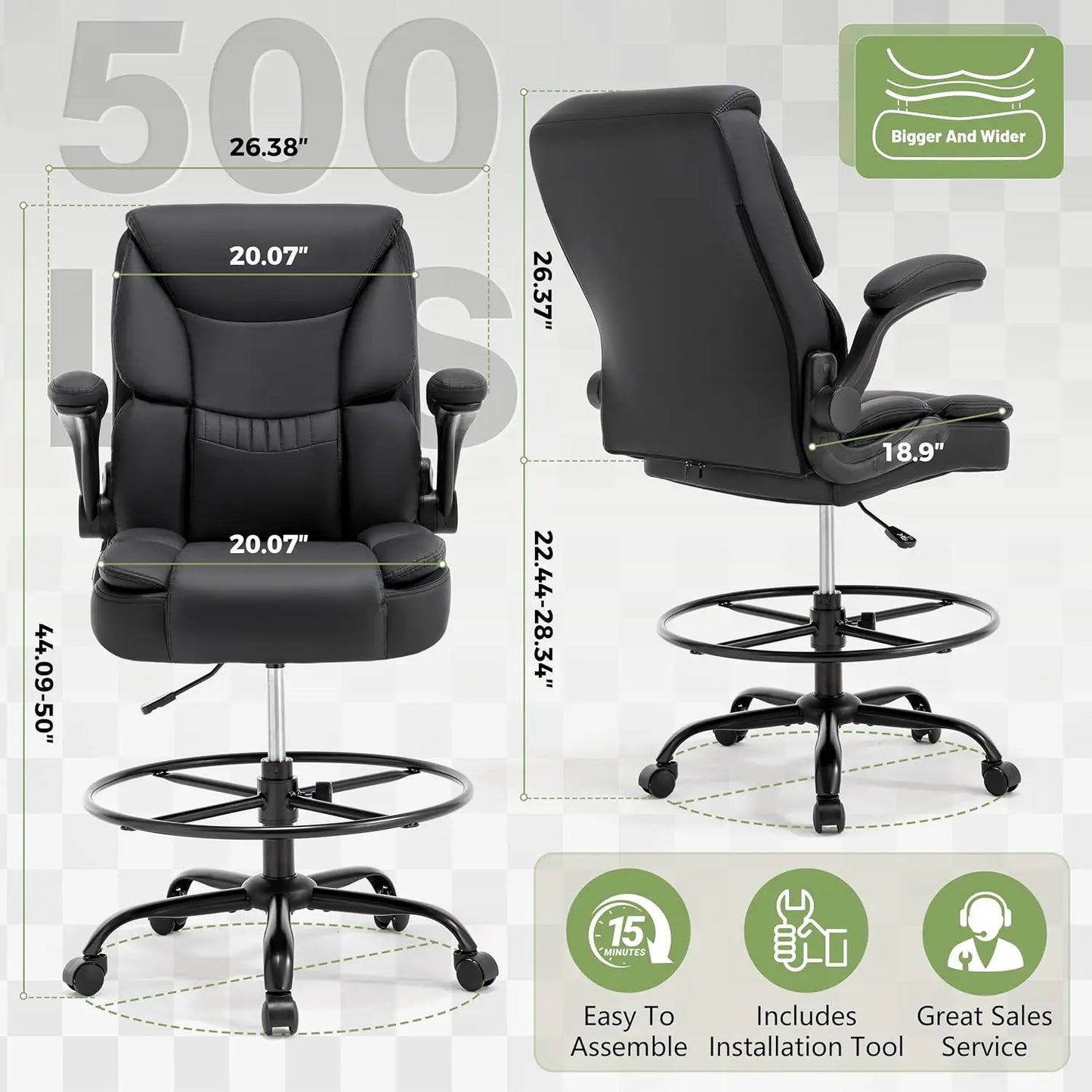 500LBS Drafting Chair, High Back Safer Standing Desk Chair,