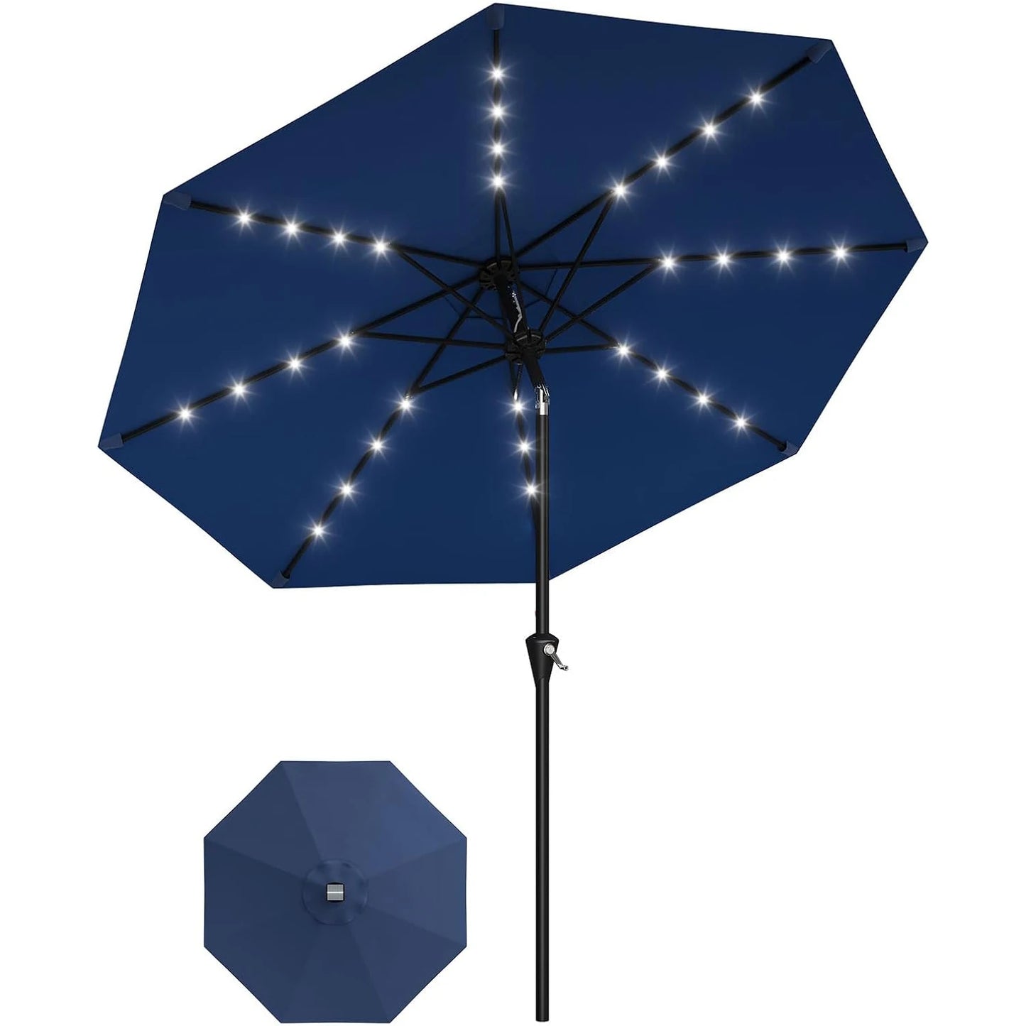 9FT Solar Patio Umbrella with 32 LED Lights - Outdoor Table Umbrella with Crank Lift, Push Button Tilt and 8 Sturdy Ribs