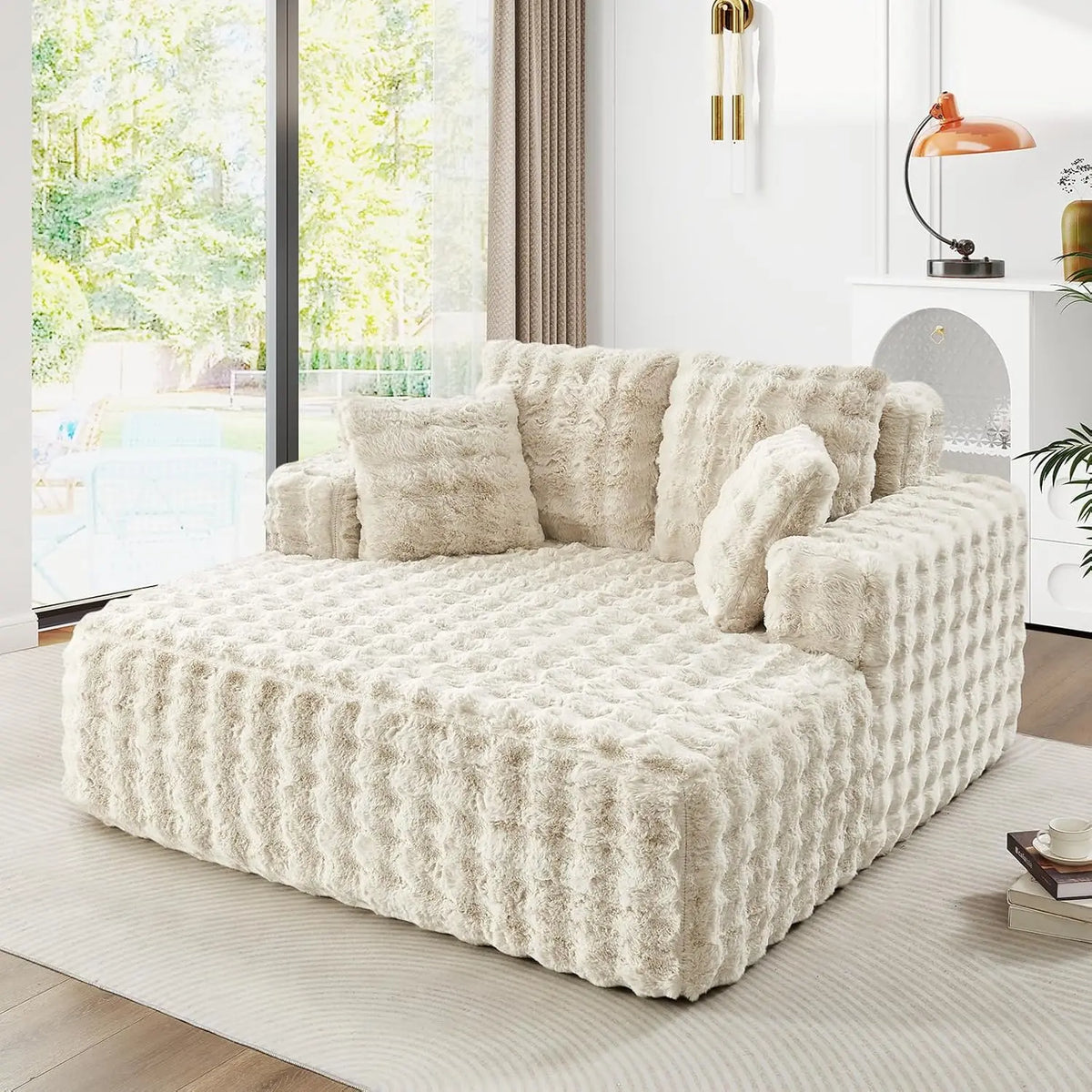 56" Oversized Chaise Lounge Plush Faux Fur Sleeper Sofa Couch Bed with Pillows