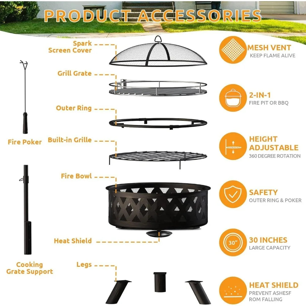 Wood Burning Fire Pit - Steel BBQ Grill Grate Spark Screen Poker Lid for Patio Backyard Camping