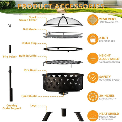 Wood Burning Fire Pit - Steel BBQ Grill Grate Spark Screen Poker Lid for Patio Backyard Camping