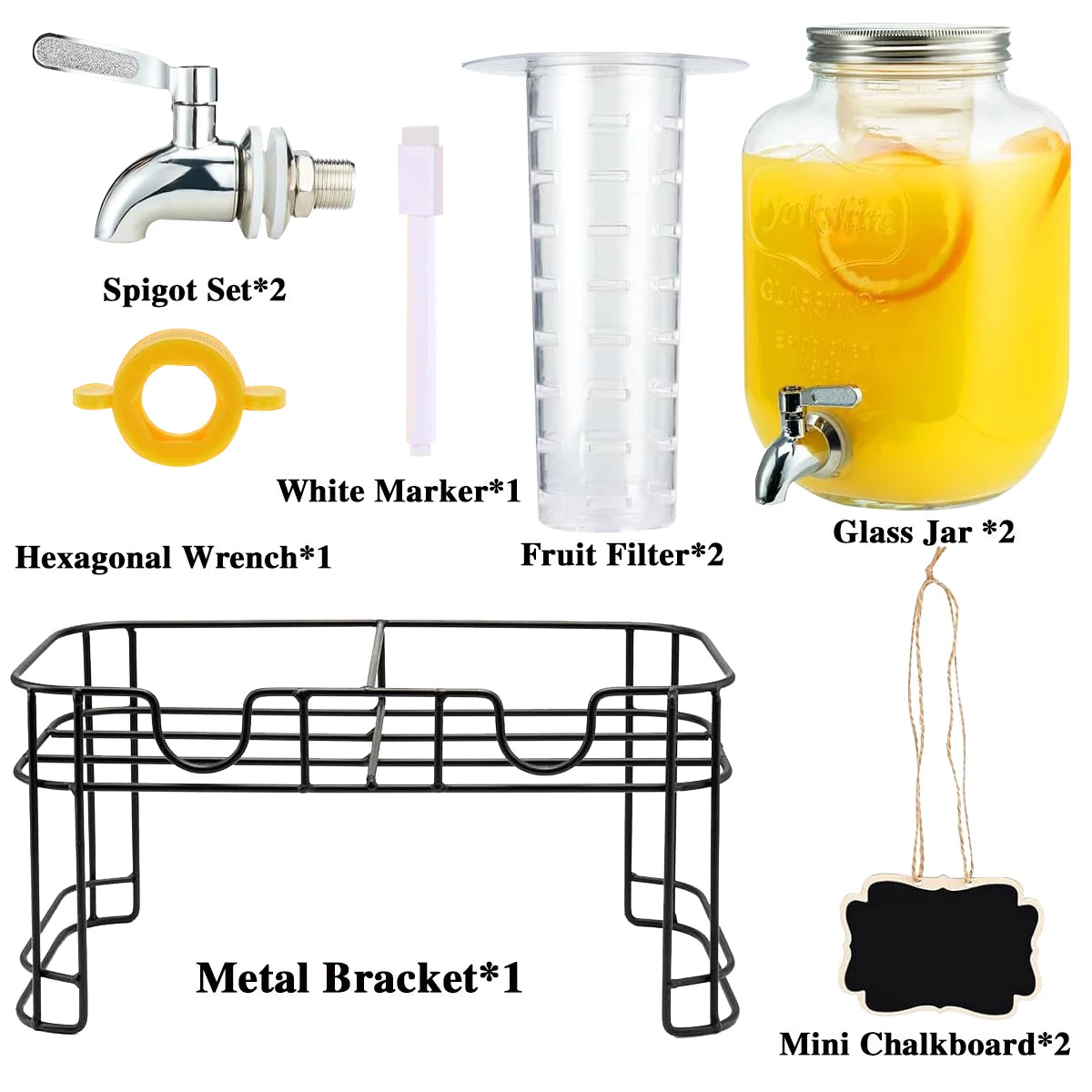 Drink Dispenser 2 Packs 1 Gallon Glass with Stand and Stainless-Steel Faucet Party