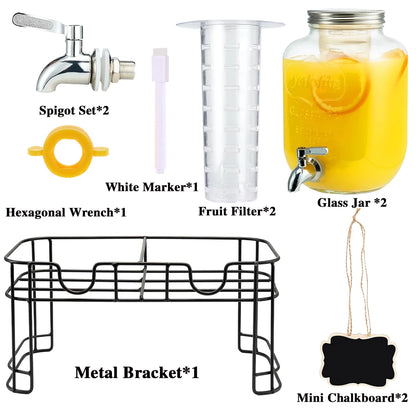 Drink Dispenser 2 Packs 1 Gallon Glass with Stand and Stainless-Steel Faucet Party