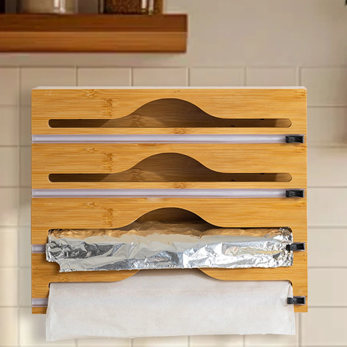 1pc Kitchen Wrap Dispenser Foil & Cling Film Cutter, Trash Bag & Plastic Bag Wooden storage.