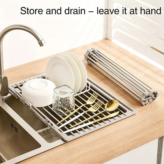 Over Sink Rollable Dish Drying Rack Foldable Stainless Steel Drain Mat
