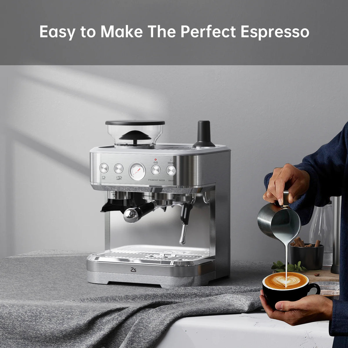 Espresso Machine with Milk Frother and Grinder, 15 Bar Automatic Espresso, 2.5L Water Tank