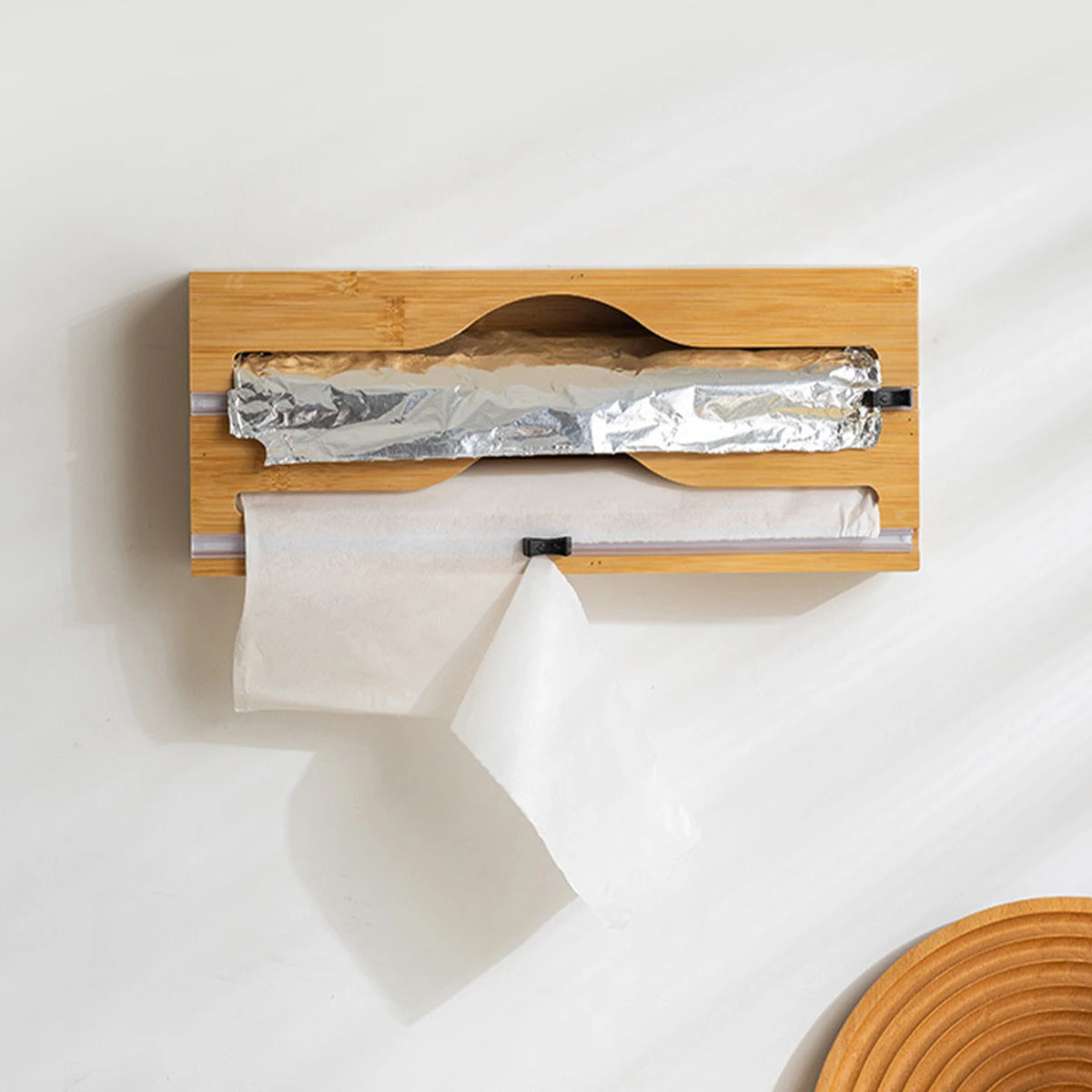 1pc Kitchen Wrap Dispenser Foil & Cling Film Cutter, Trash Bag & Plastic Bag Wooden storage.