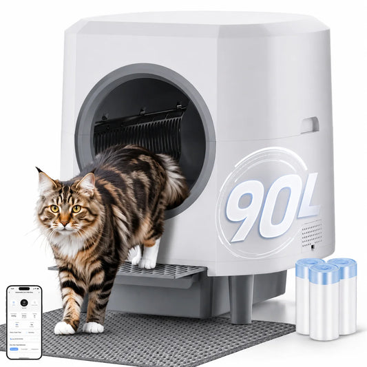 Automatic Self-Cleaning Litter Box, Odor Control, 90L Large Capacity with APP Control and Safety, with 3 Rolls Garbage Bags