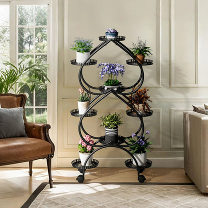 9-Potted Metal Tall Plant Stand with Wheels Flower Display
