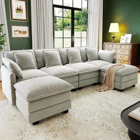 Cloud Couch Sectional Seat Deep Seat Couch with 6 Removable Washable Pillows and 2 Ottoman