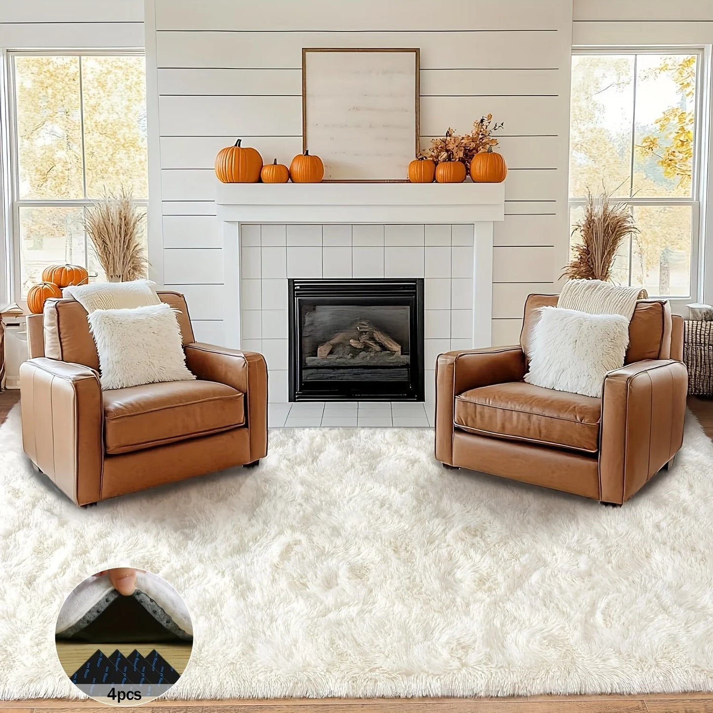 Off-White Luxury Plush Carpet with 4 Rug Stickers, Ideal Room Decor.