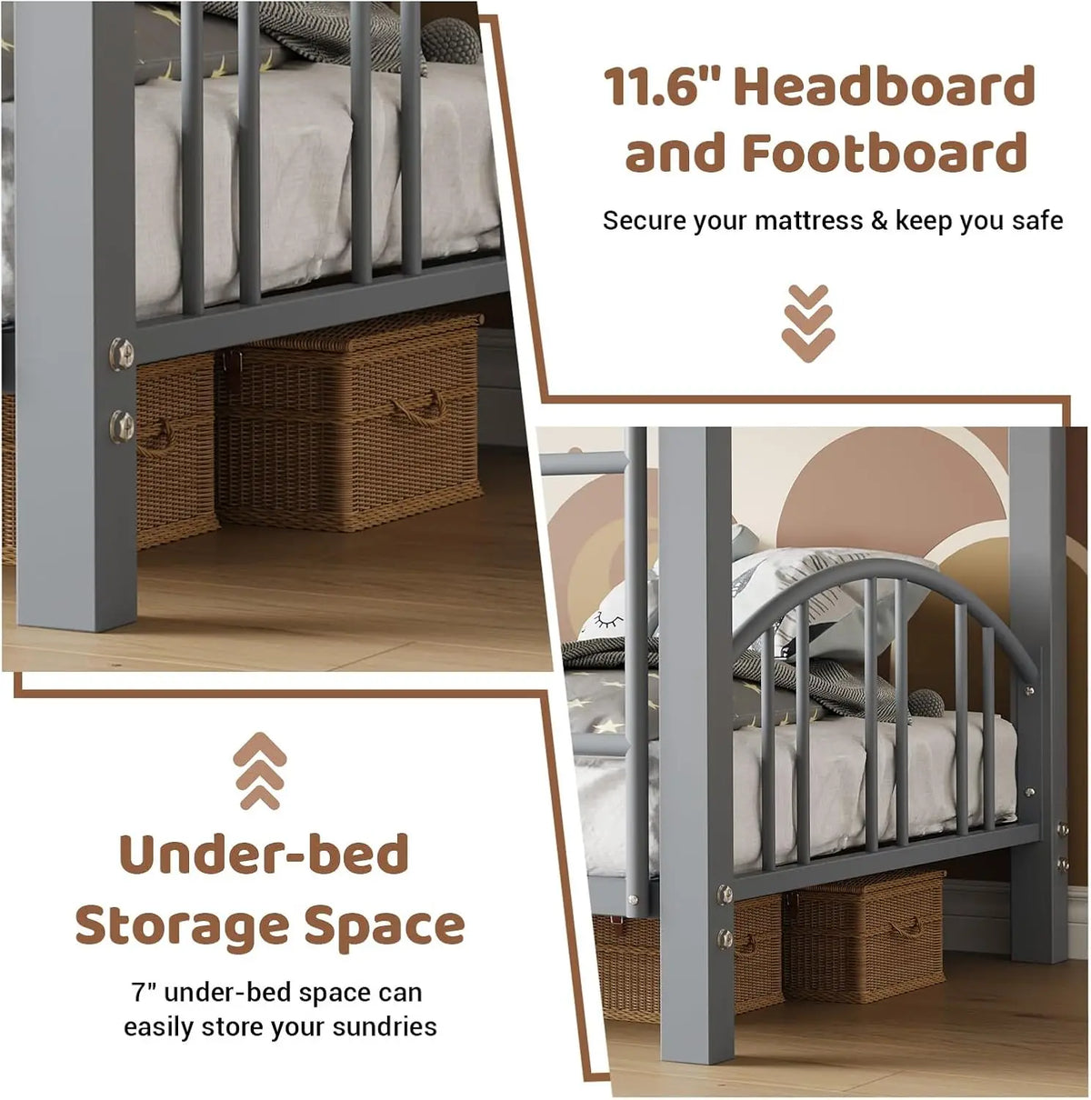 Metal Loft Bed Bunk Beds Twin Over Full Size with Heightened Safety Guardrail & Ladder