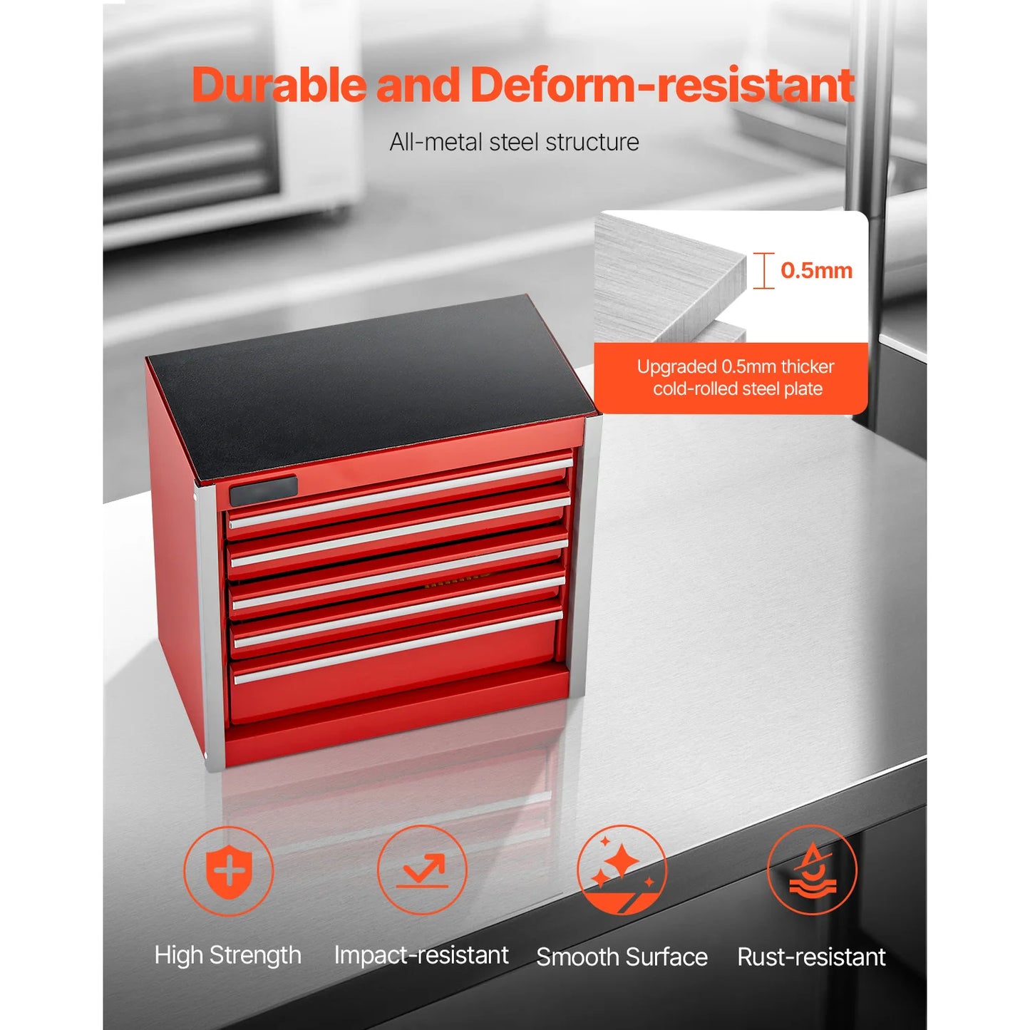 5-Drawer Metal Toolbox Red/Black Portable Small Tool Chest with PP Feet Pads for Garage Workshop Tools Storage