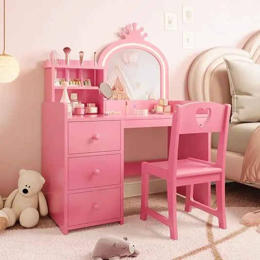 2 in 1 Princess Makeup Vanity Desk & Chair Set with Open Bookshelf for Girls