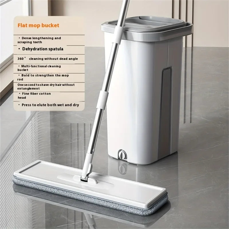 Hands-Free Flat Mop & Bucket Set with 4 Reusable Microfiber Pads, Swivel, Long Handle for Floor & Wall Cleaning