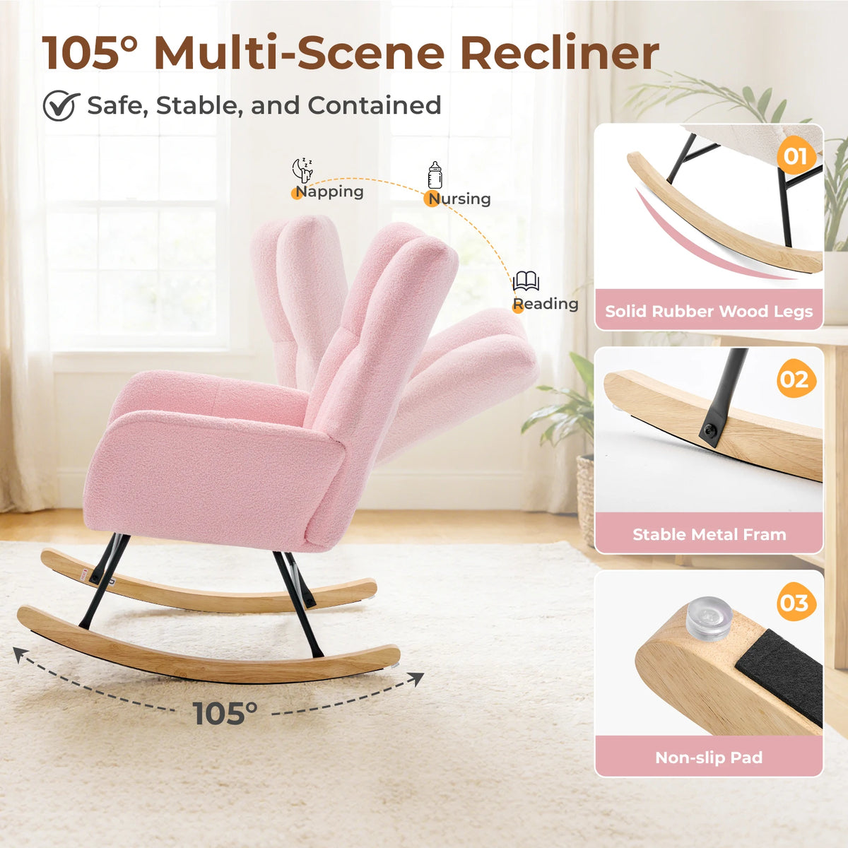 Teddy Upholstered Saucer Rocking Chair with High Backrest Armchair Padded