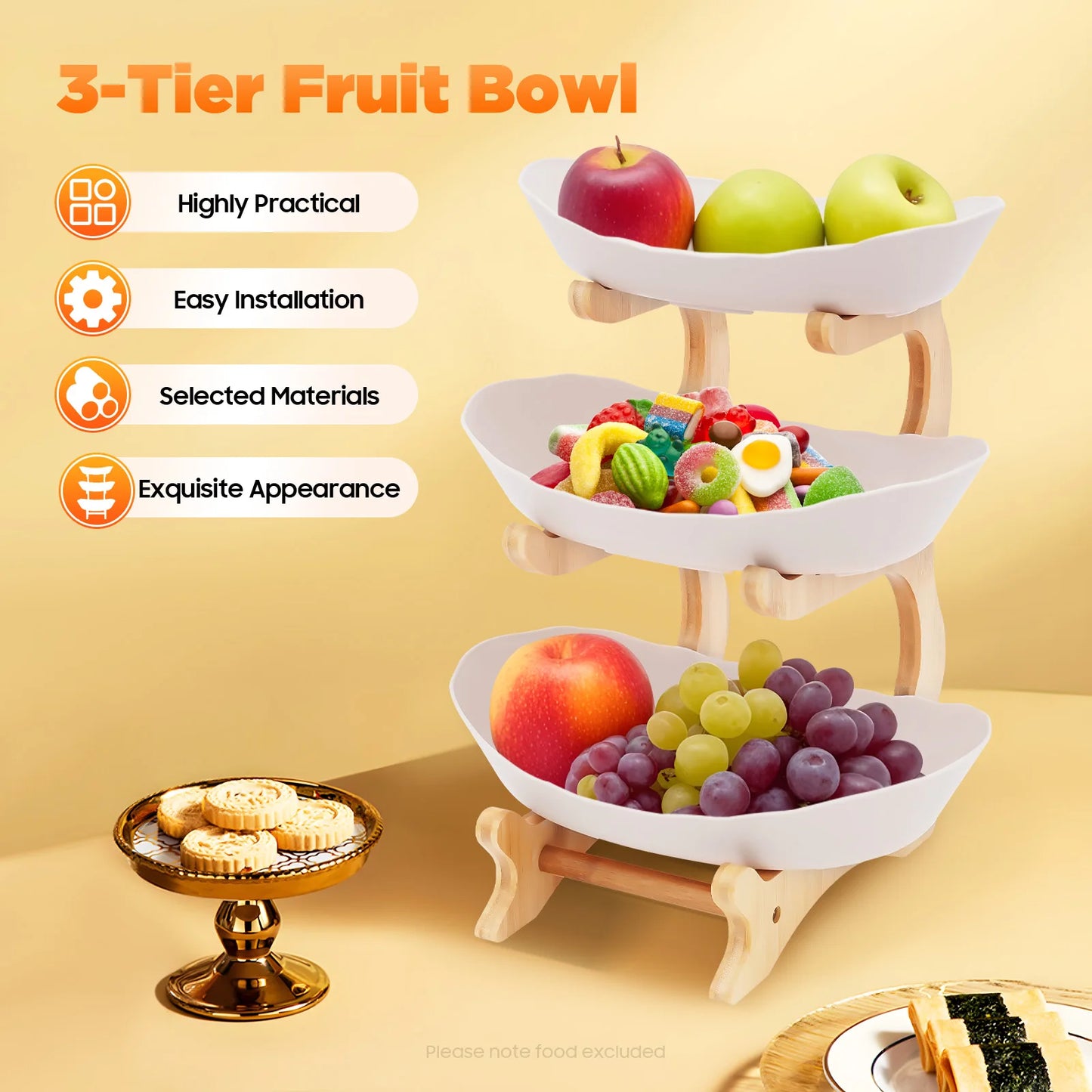 3-Tier Fruit Plate, Snack Dessert Cake for Party Wedding, Bowl W/ Bamboo Wood Stand