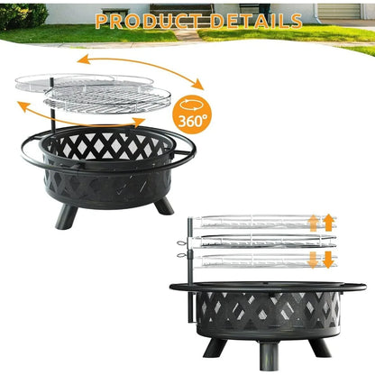 Wood Burning Fire Pit - Steel BBQ Grill Grate Spark Screen Poker Lid for Patio Backyard Camping