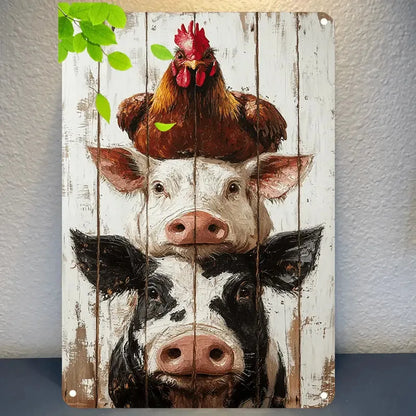 1pc Farmhouse Rustic Rooster & Pig Vintage Metal Art with Weathered Wood Design