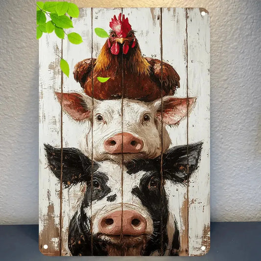 1pc Farmhouse Rustic Rooster & Pig Vintage Metal Art with Weathered Wood Design