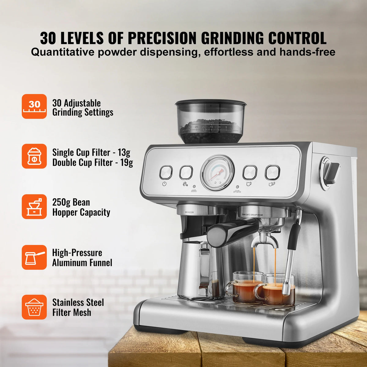 Espresso Machine with Grinder 15 Bar Semi-Automatic Espresso Coffee Maker with Milk Frothed Steam