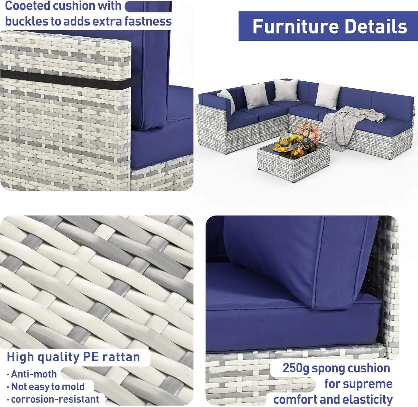 7 Piece Outdoor Sectional Sofa Set, All-Weather Patio Furniture with Washable Cushions.