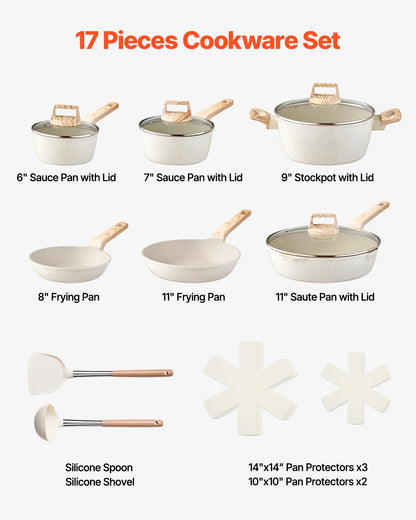 VEVOR 17 Piece Pots and Pans Set Granite Nonstick Cookware Set