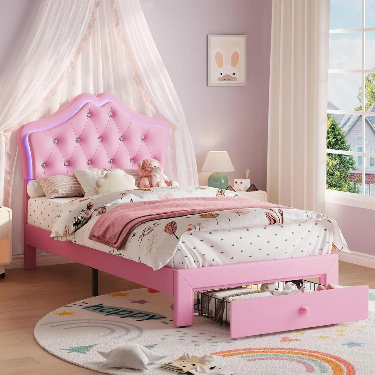 Twin XL Velvet Upholstered Platform Bed Frame With LED Headboard, Crystal Button Tufting, Storage Drawer,