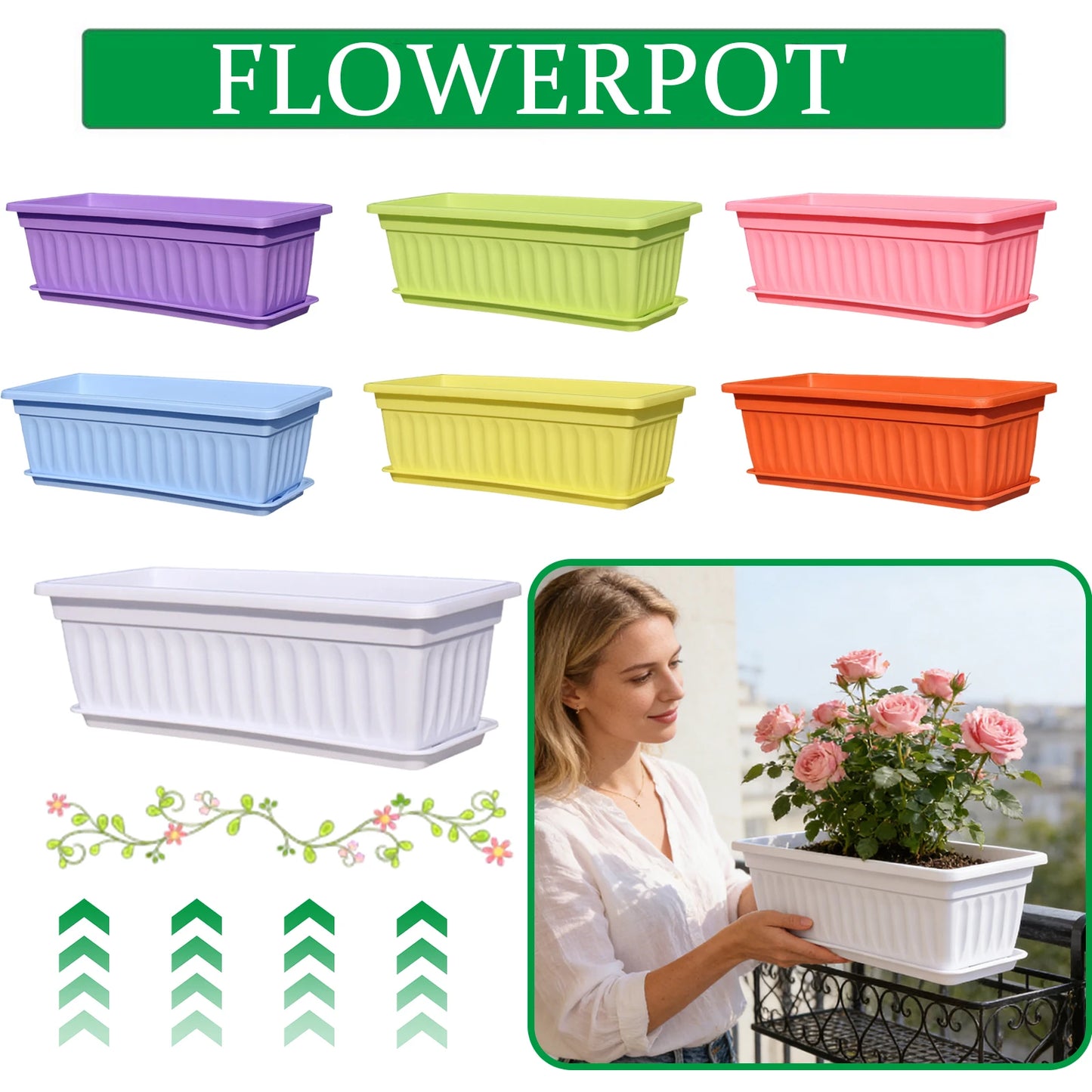Rectangular Plastic Planter Multi-Color Gardening Container for Vegetables Herbs and Flowers