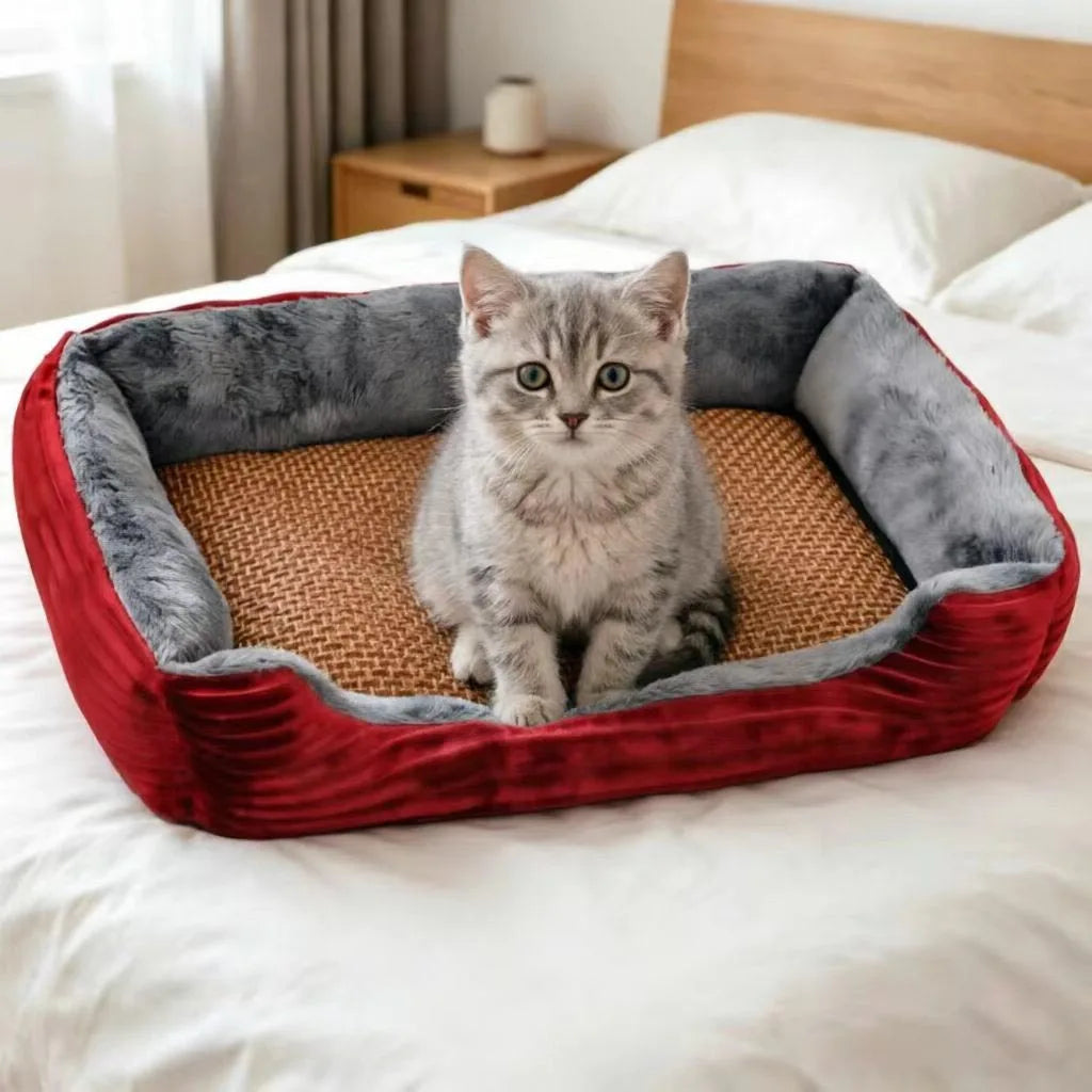2-Piece Set of All-Season Pet Supplies, Corduroy Dog Bed and Cat Bed with Cooling Mat