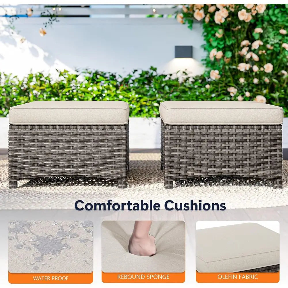2-Piece Outdoor Wicker Ottoman Set with Removable Cushions for Patio