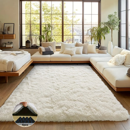 Off-White Luxury Plush Carpet with 4 Rug Stickers, Ideal Room Decor.
