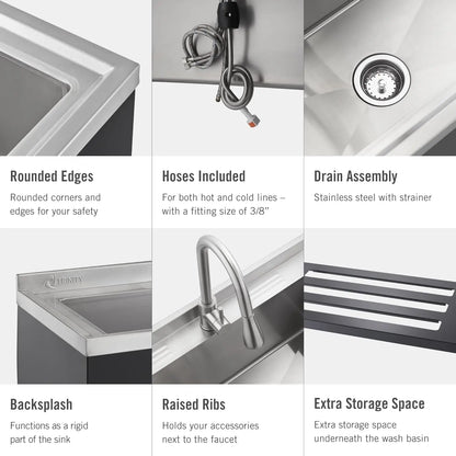 Stainless Steel Utility Sink with Pull-Out Faucet, 36"x20"x49.2”