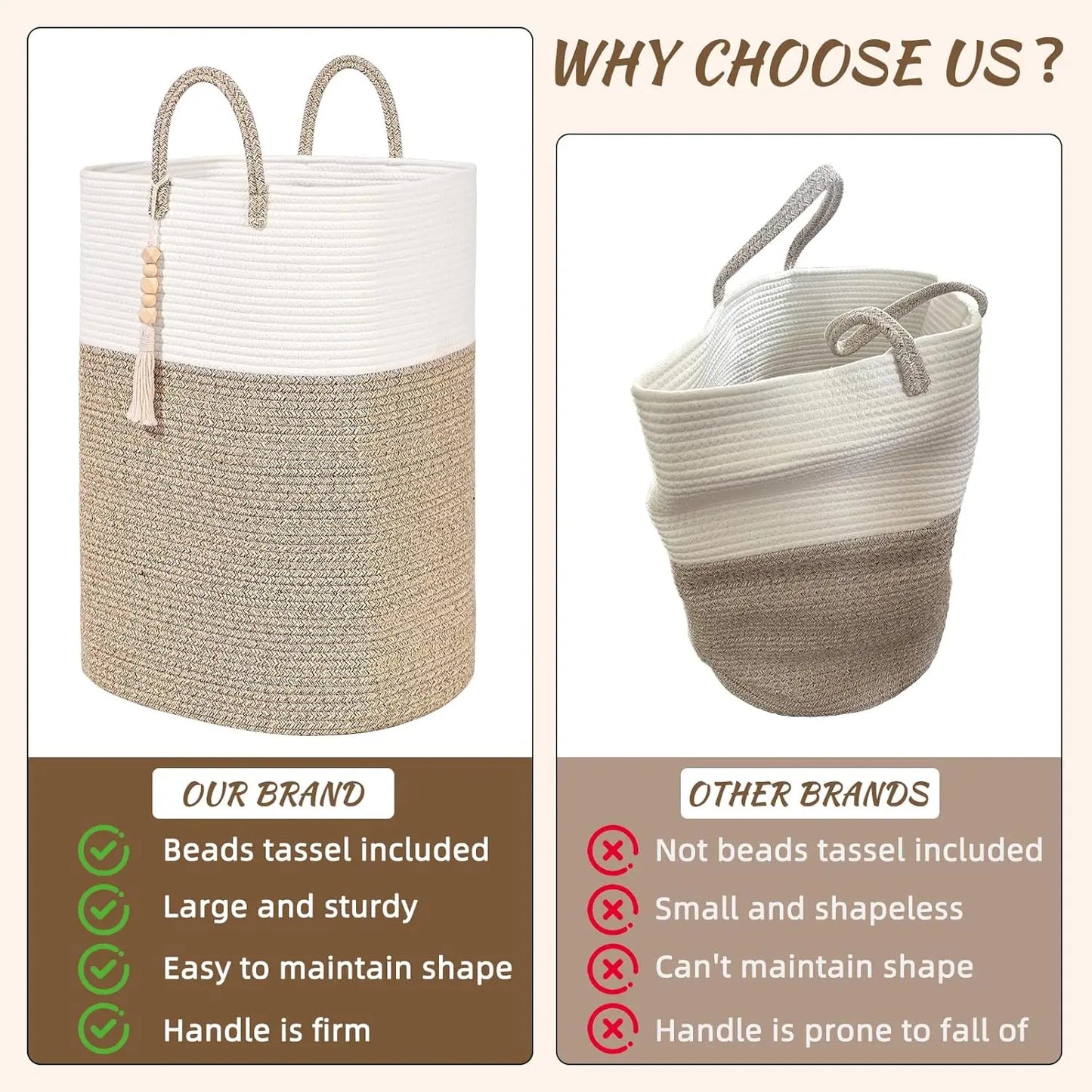Woven Laundry Basket with Bead Tassel, Large Rectangle Hamper for Clothes, Nursery Storage