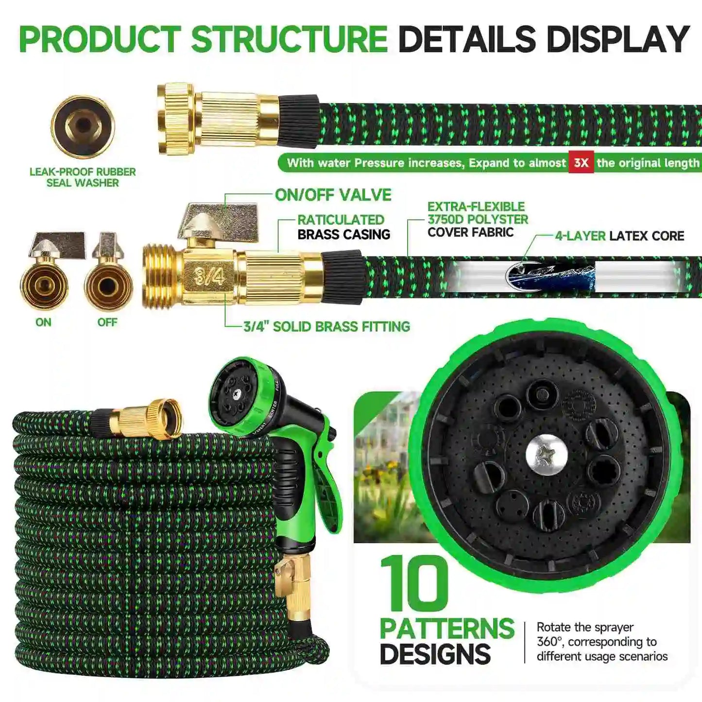 25/50/75/100/150ft Expandable Water Hose Flexible Magic Garden Hose 10 Pattern Sprayer Nozzle For Pet Cleaning Watering