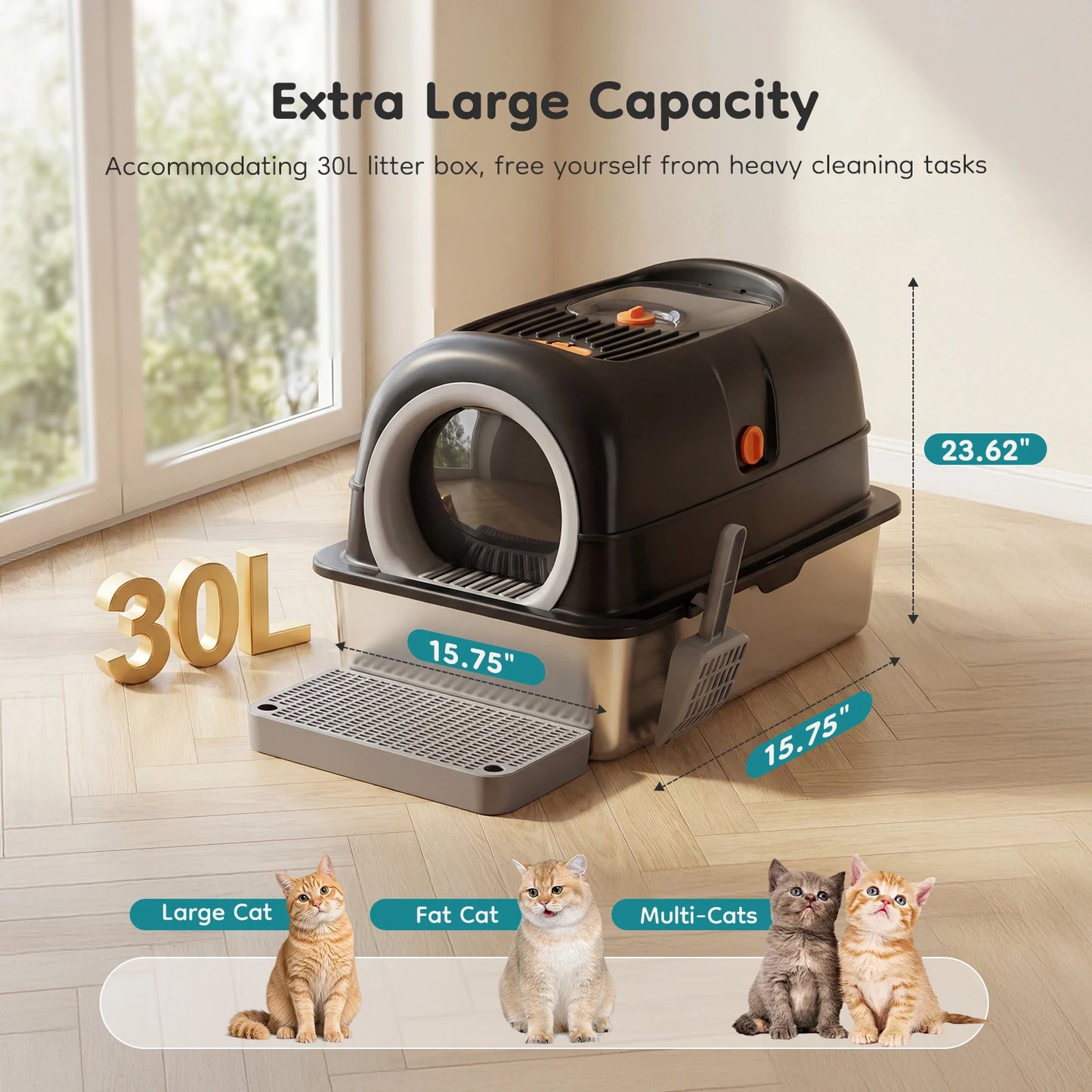Stainless Steel Cat Litter Box with Fully Enclosed Scoop and Mat Included
