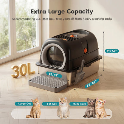 Stainless Steel Cat Litter Box with Fully Enclosed Scoop and Mat Included