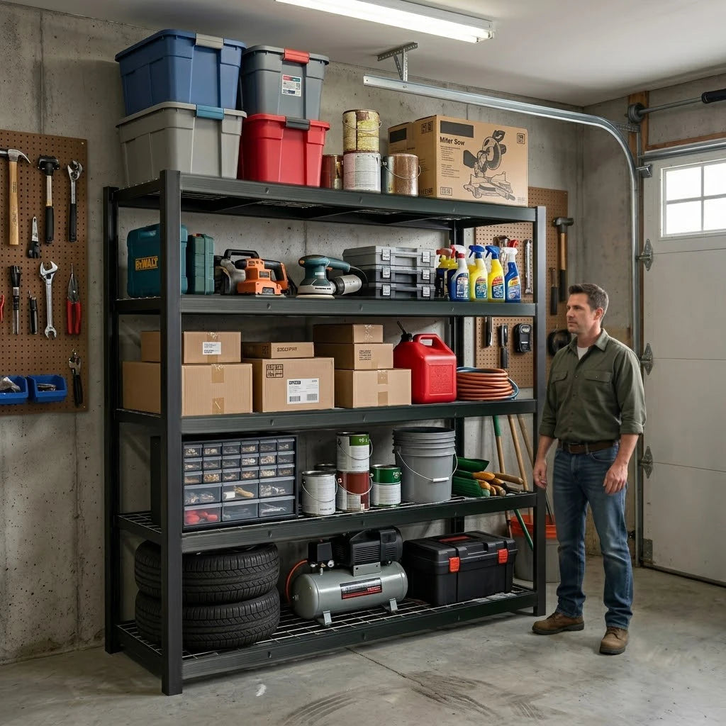 Steel Heavy Duty Garage Organizer Rack, Adjustable Height Metal Shelving for Garage Basement Workshop, Home Tool Storage