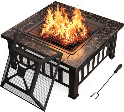 Outdoor Fire Pit, 32 Inch Table Metal Outdoor Fireplaces with Waterproof Cover (Black)