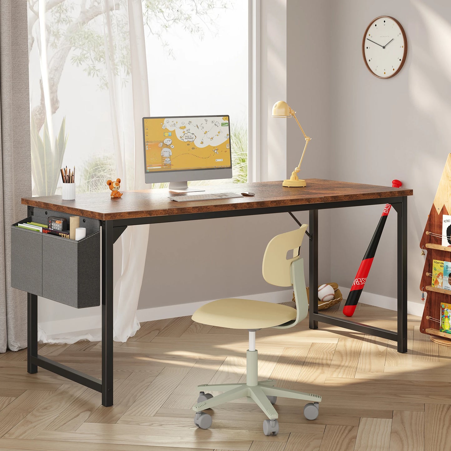 Computer Office Desk Writing Study Gaming Table with Storage Bag Metal Frame Wood Tabletop Easy Assembly