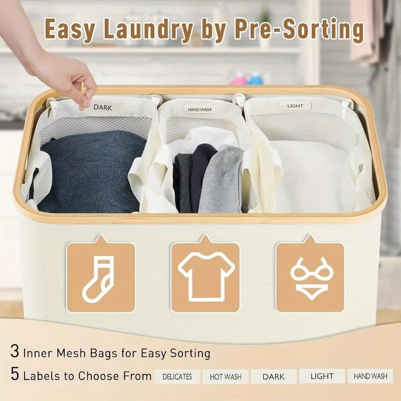 Extra Large Laundry Basket with Lid 3-Grids Inner Bags Laundry Hamper