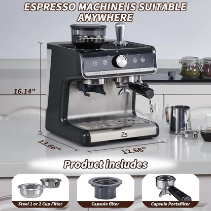 Espresso Machine with Grinder, Professional with Milk Steam 20 Bar Barista Cappuccino Machine