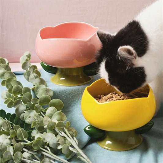 Cute Ceramic Cat Bowl Non-slip Flower Shape Food Water Pet Supplies Cat